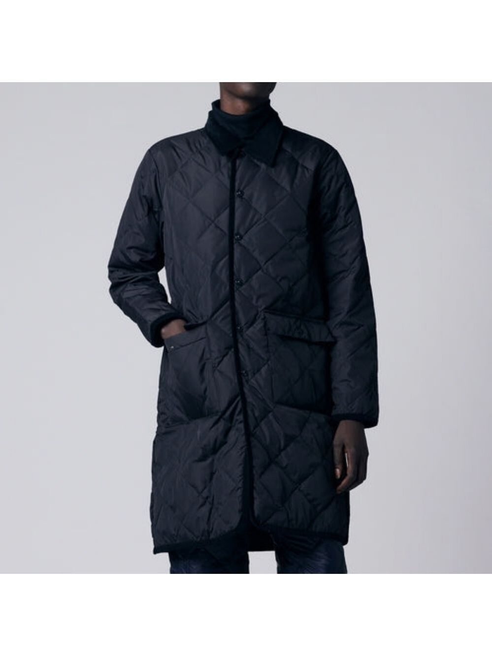 TAION City Chore Coat Black Quilted Piping Collar Long Down Coat Size S BNWT - Picture 2 of 16